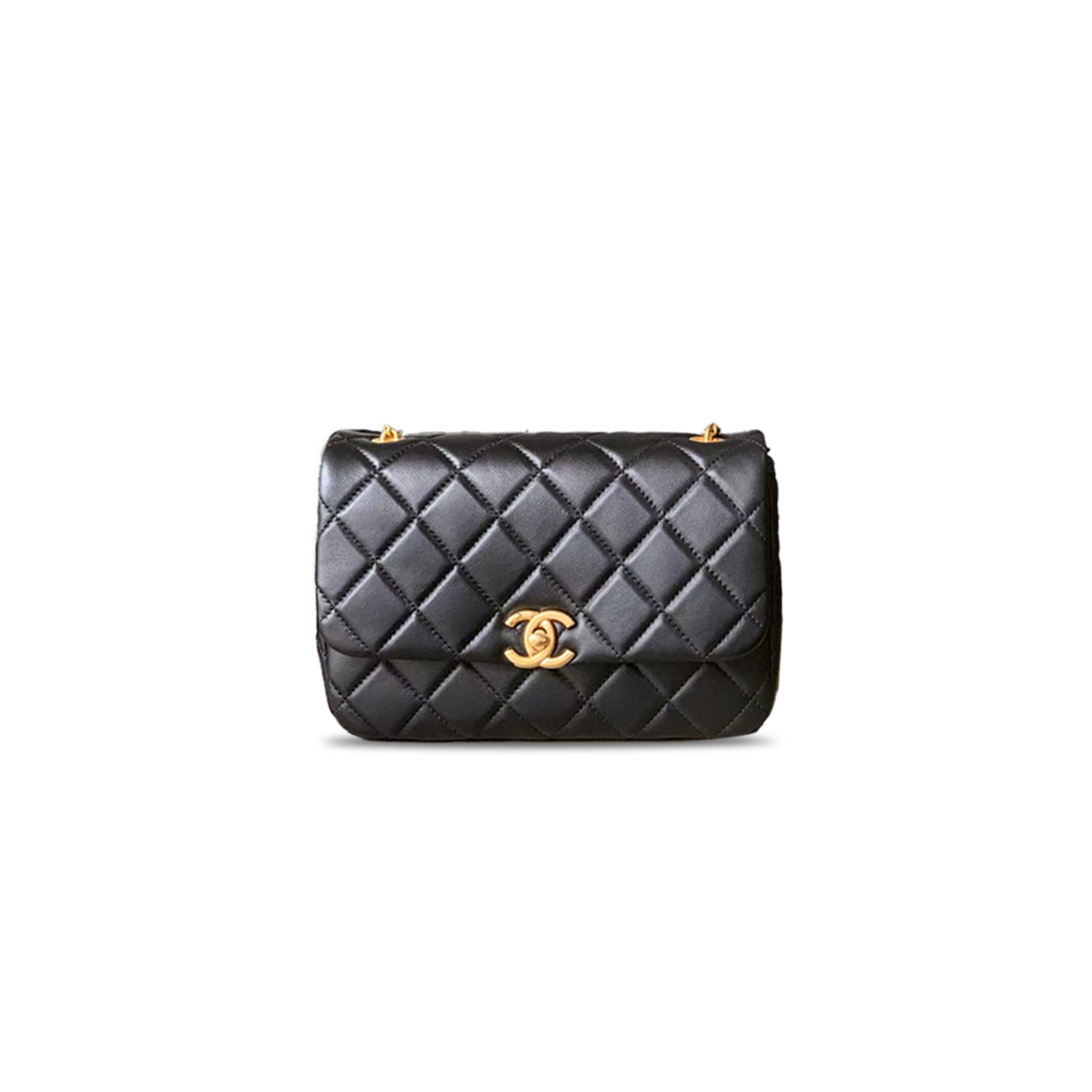 CHANEL MASTER  PEARLY CHAIN FLAP BAG BLACK LAMBSKIN BRUSHED GOLD HARDWARE  (23*15.5*8.5cm)
